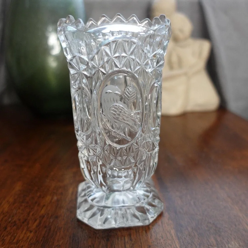 Vintage Hofbauer Byrdes Germany lead crystal vase sawtooth edges and etched bird